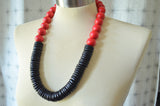 Red Black Chunky Wood Beaded Long Statement Necklace - Elena