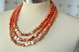 Orange Gold Beaded Wood Multi Strand Chunky Boho Statement Necklace - Lisa
