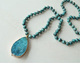 Blue Green Jasper Long Stone Beaded Boho Agate Pendant Necklace - Seraphina