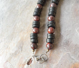Mens Black Brown Wood Jasper Beaded Surfer Long Necklace - Mason