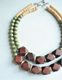 Brown Green Wood Chunky Multi Strand Bohemian Statement Necklace - Riley