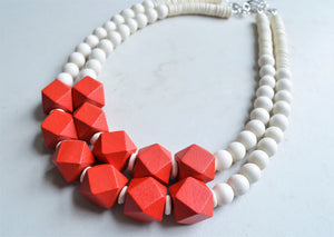 Red White Wood Chunky Multi Strand Beaded Statement Necklace - Riley