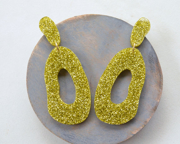 Gold Glitter Statement Lucite Acrylic Big Dangle Womens Statement Earrings - Sylvia