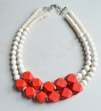 Red White Wood Chunky Multi Strand Beaded Statement Necklace - Riley