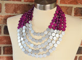 Purple Silver Wood Beaded Statement Chunky Multi Strand Necklace - Regan