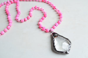 Pink Long Stone Crystal Glass Pendant Beaded Necklace - San Jose