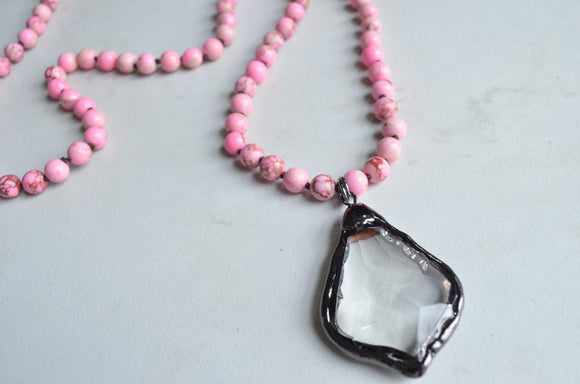 Light Pink Long Stone Crystal Glass Pendant Beaded Necklace - San Jose