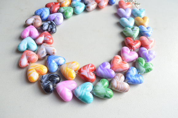 Heart Rainbow Multi Color Acrylic Beaded Statement Necklace