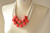 Red White Wood Chunky Multi Strand Beaded Statement Necklace - Riley