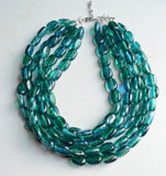 Teal Green Blue Beaded Lucite Chunky Multi Strand Statement Necklace - Lauren