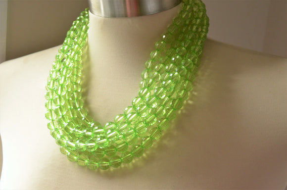 Light Green Faceted Acrylic Beaded Multi Strand Statement Necklace - Angelina