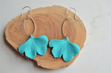 Turquoise Ginkgo Green Leaf Lucite Petal Silver Big Statement Earrings - Avery