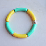 Yellow Green Turquoise Acrylic Lucite Tube Stretch Womens Bracelet