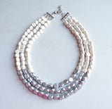 White Silver Wood Beaded Chunky Multi Strand Statement Necklace - Lisa