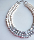 White Silver Wood Beaded Chunky Multi Strand Statement Necklace - Lisa
