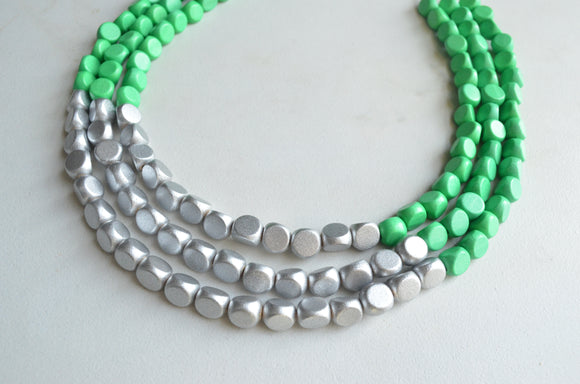 Green Silver Wood Bead Chunky Multi Strand Statement Necklace - Lisa