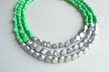 Green Silver Wood Bead Chunky Multi Strand Statement Necklace - Lisa