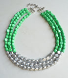 Green Silver Wood Bead Chunky Multi Strand Statement Necklace - Lisa