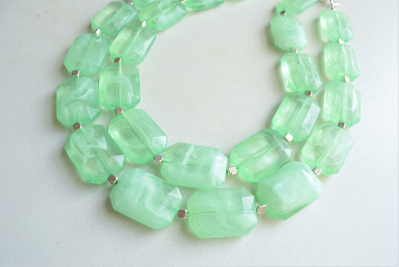 Mint Green Lucite Beaded Multi Strand Chunky Womens Statement Necklace - Jenny