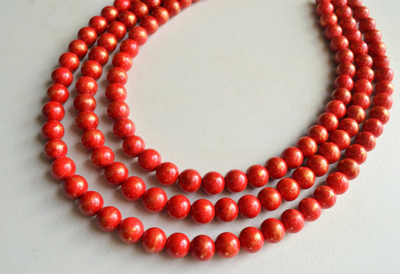 Red Gold Beaded Chunky Multi Strand Statement Necklace - Jamie