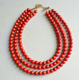 Red Gold Beaded Chunky Multi Strand Statement Necklace - Jamie