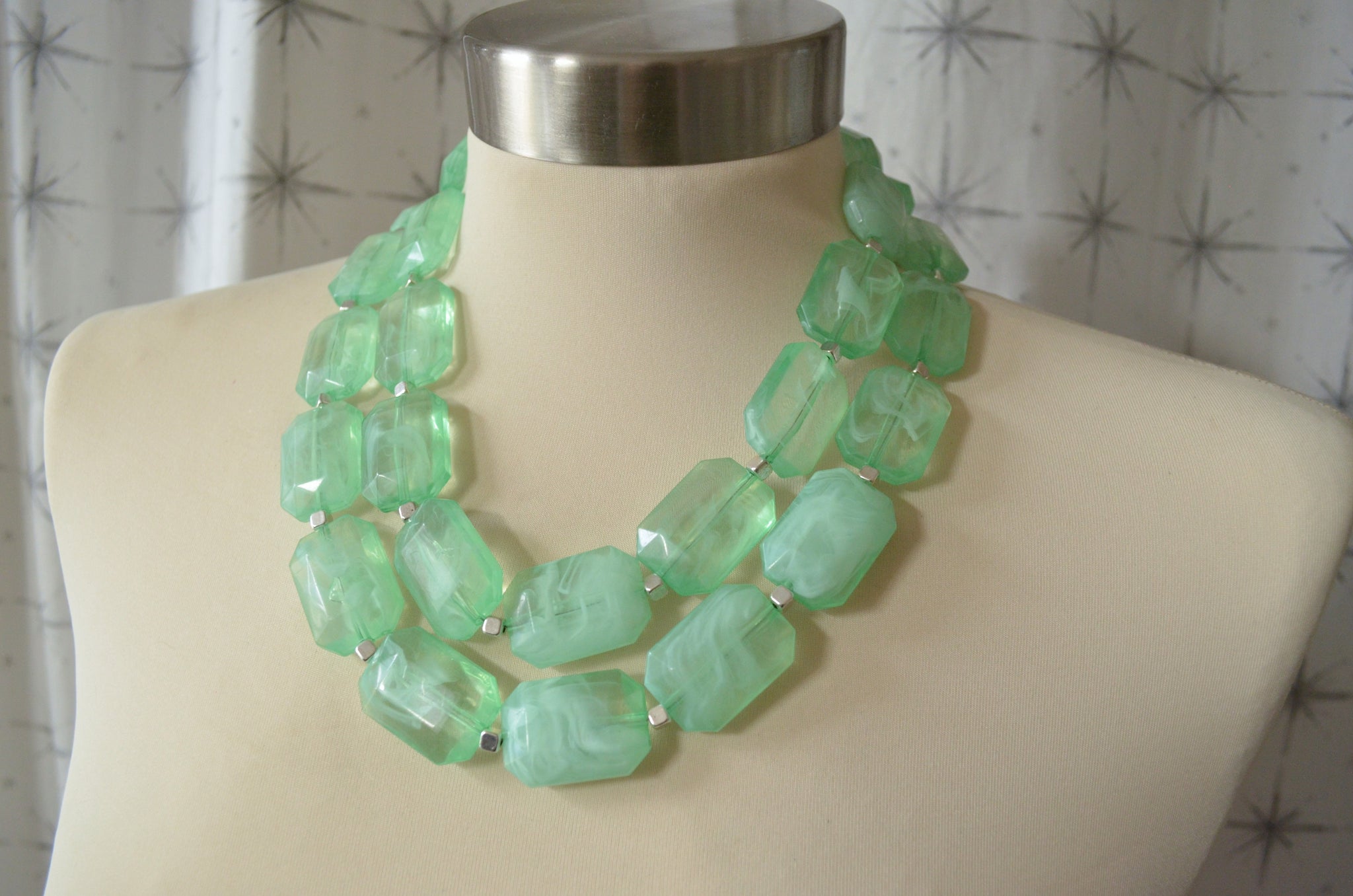 Mint Green Lucite Beaded Multi Strand Chunky Womens Statement