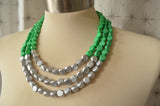 Green Silver Wood Bead Chunky Multi Strand Statement Necklace - Lisa