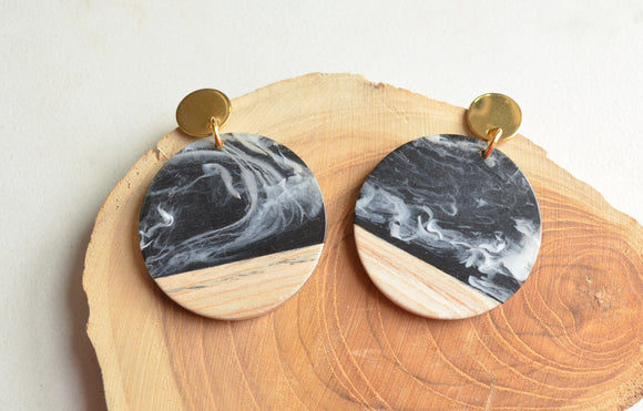 Black White Brown Wood Lucite Big Large Dangle Statement Earrings - Orville