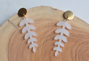 White Lucite Acrylic Post Petal Leaf Dangle Statement Earrings