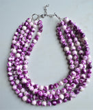 Purple White Beaded Jade Stone Chunky Multi Strand Statement Necklace - Alana