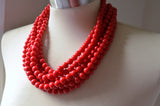 Cherry Red Acrylic Lucite Bead Chunky Multi Strand Statement Necklace - Alana