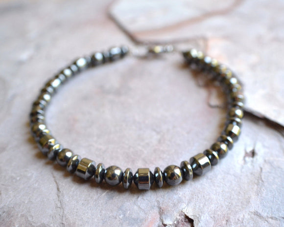 Hematite Gray Stone Mens Beaded Bracelet - Lewis