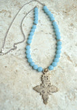 Blue Beaded Ethiopian Cross Long Statement Necklace - Imi