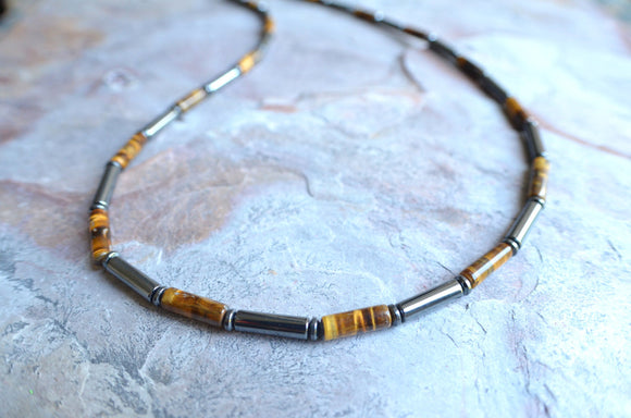 Tigers Eye Hematite Gray Brown Beaded Mens Necklace - Wyatt