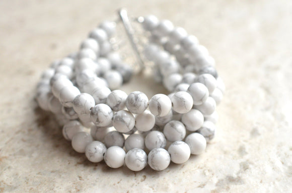 White Chunky Howlite Stone Beaded Multi Strand Bracelet - Michelle