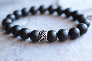 Mens Black Matte Beaded Stretch Stone Bracelet - Thompson