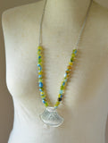 Green Yellow Agate Long Beaded Silver Pendant Statement Necklace - Sebnem