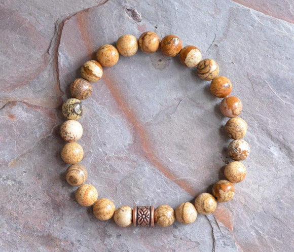 Mens Tan Brown Beaded Stone Jasper Stretch Bracelet - Conor