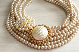 Beige Pearl Brooch Beaded Chunky Bridal Statement Necklace - Anastasia