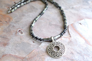 Mens Black Gray Hematite Pendant Beaded Long Necklace