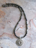 Mens Black Gray Hematite Pendant Beaded Long Necklace