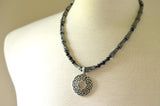 Mens Black Gray Hematite Pendant Beaded Long Necklace