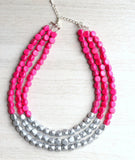 Hot Pink Silver Wood Bead Chunky Multi Strand Statement Necklace - Lisa