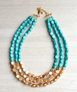 Turquoise Gold Statement Wood Beaded Multi Strand Chunky Bead Necklace - Lisa