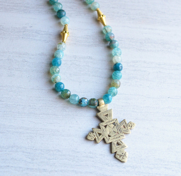 Blue Long Beaded Ethiopian Cross Boho Statement Necklace - Imi