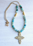 Blue Long Beaded Ethiopian Cross Boho Statement Necklace - Imi