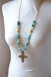 Blue Long Beaded Ethiopian Cross Boho Statement Necklace - Imi