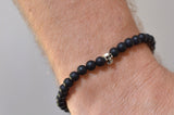 Mens Black Silver Skull Matte Beaded Stretch Bracelet