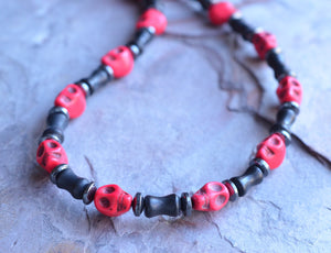 Red Skull Mens Beaded Black Stone Necklace- Kai