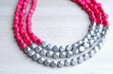 Hot Pink Silver Wood Bead Chunky Multi Strand Statement Necklace - Lisa